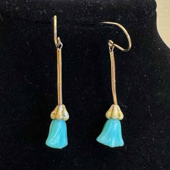 Natural Turquoise Tulip Dangle Earrings 14K Yellow Gold Filled - Picture 11 of 15